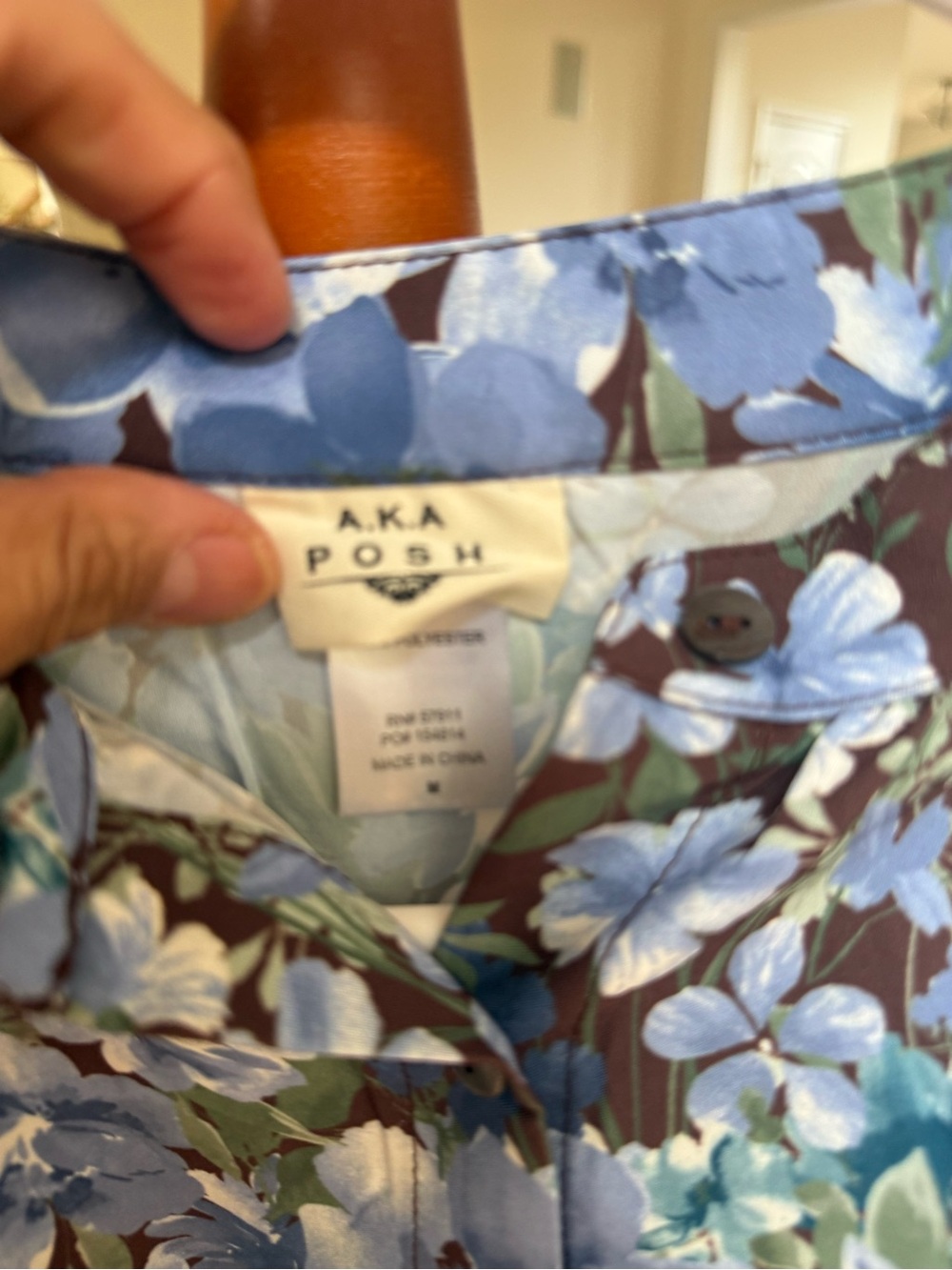 NWOT A.K.A Posh Brown Blouse with Blue Floral Print Size M - Picture 7 of 11